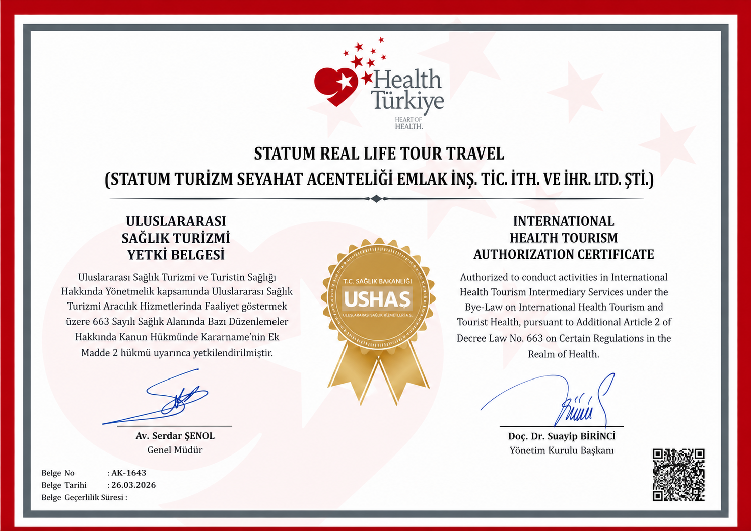 Statum Travel official certificate